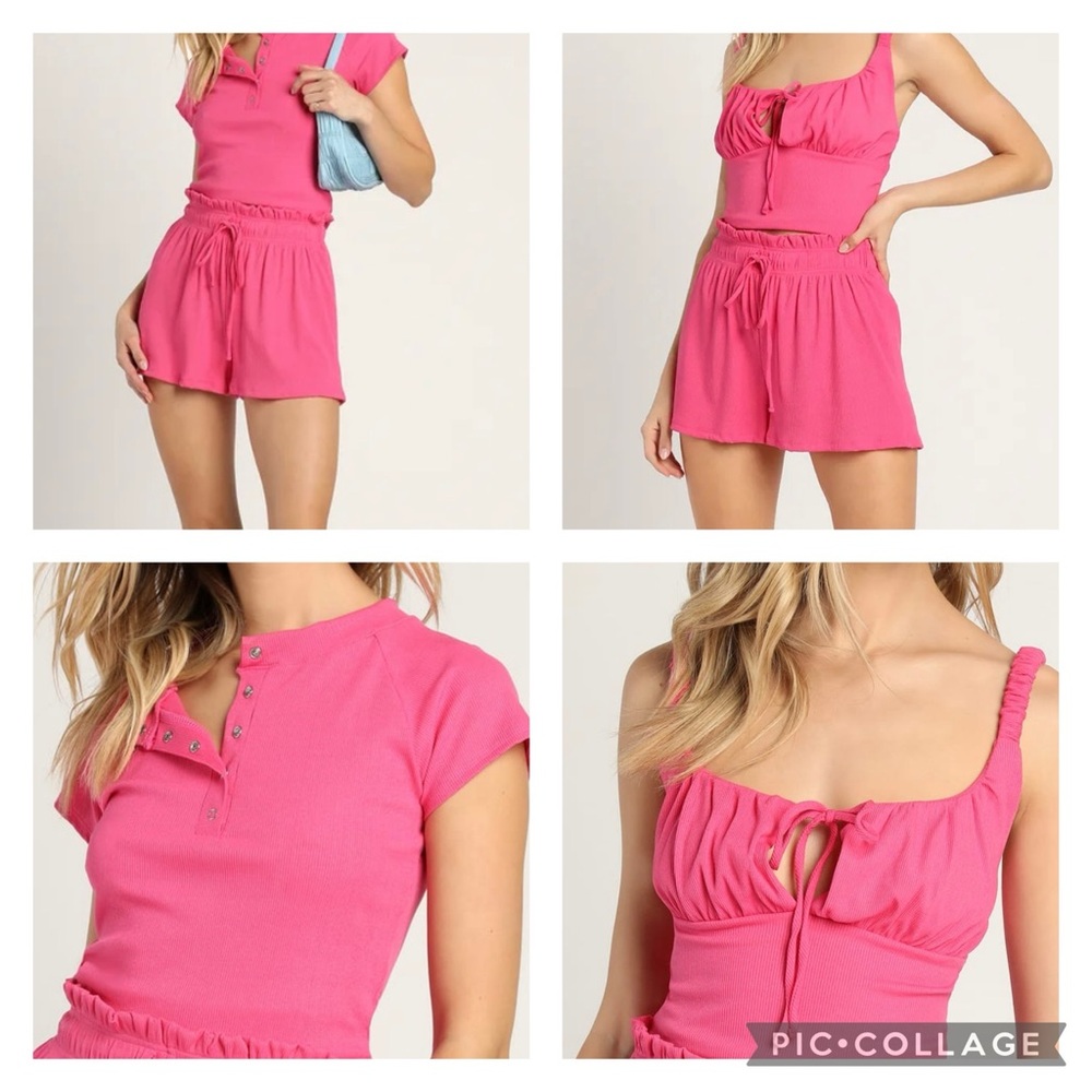 Lulus Pink Stretch crop top & shorts 3 piece set